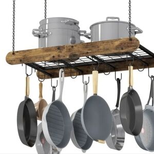 Kitchen Ceiling Pot Hanging Rack Lightweight Rustic Wood & Iron Black